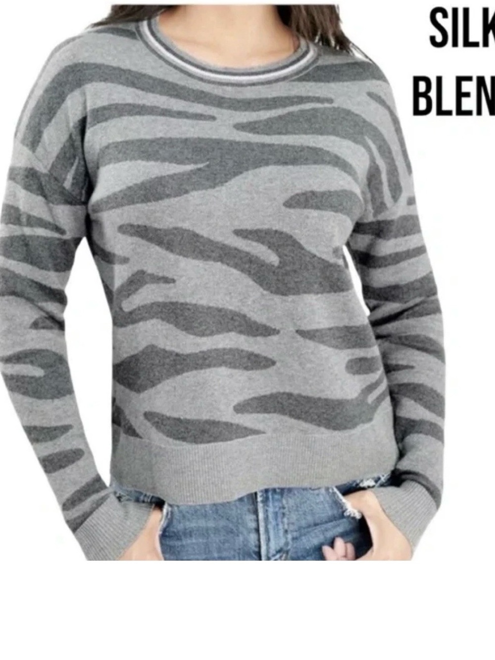 Splendid Women's Zebra Ridge Cotton SILK Blend Grey Gray Crew Neck Sweater XS